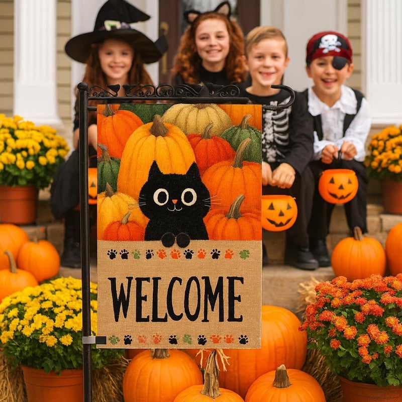 KarvePro Welcome Halloween Garden Flag – Black Cat Pumpkin Patch Welcome Flag, 12x18 Double Sided Burlap Halloween Yard Flag for Outside, Seasonal Fall Outdoor Decoration, Weatherproof - Image 2